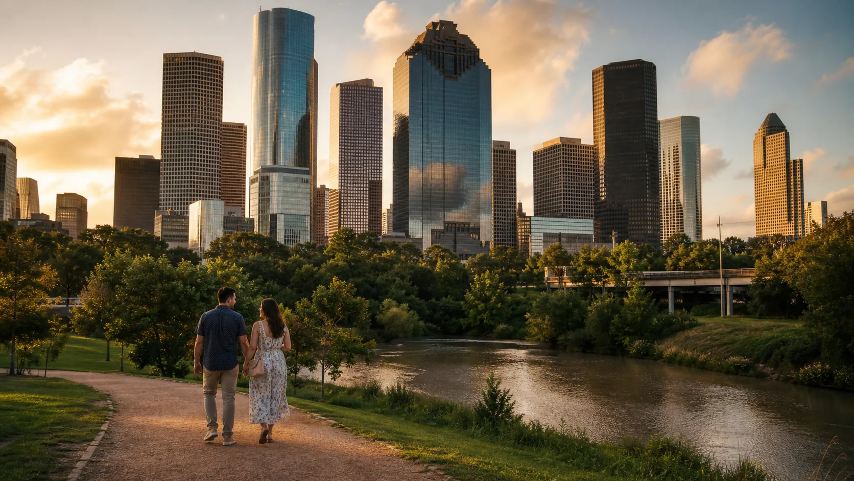 Houston skyline and Buffalo Bayou with anonymous adults walking at golden hour