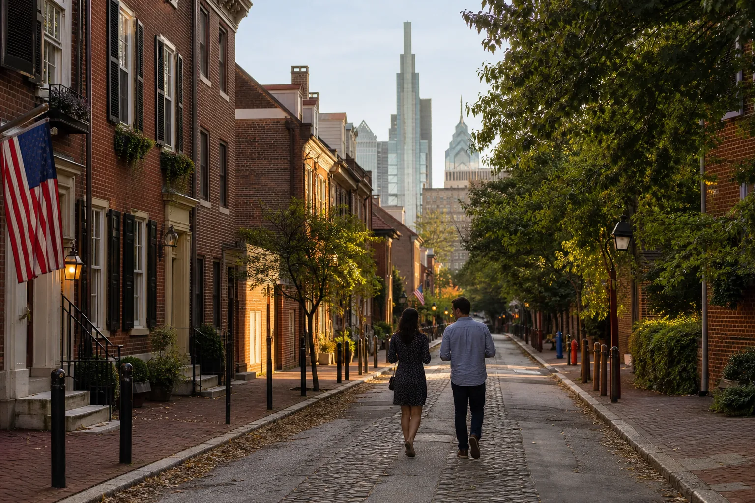 Philadelphia skyline and historic streets with anonymous adults walking at golden hour