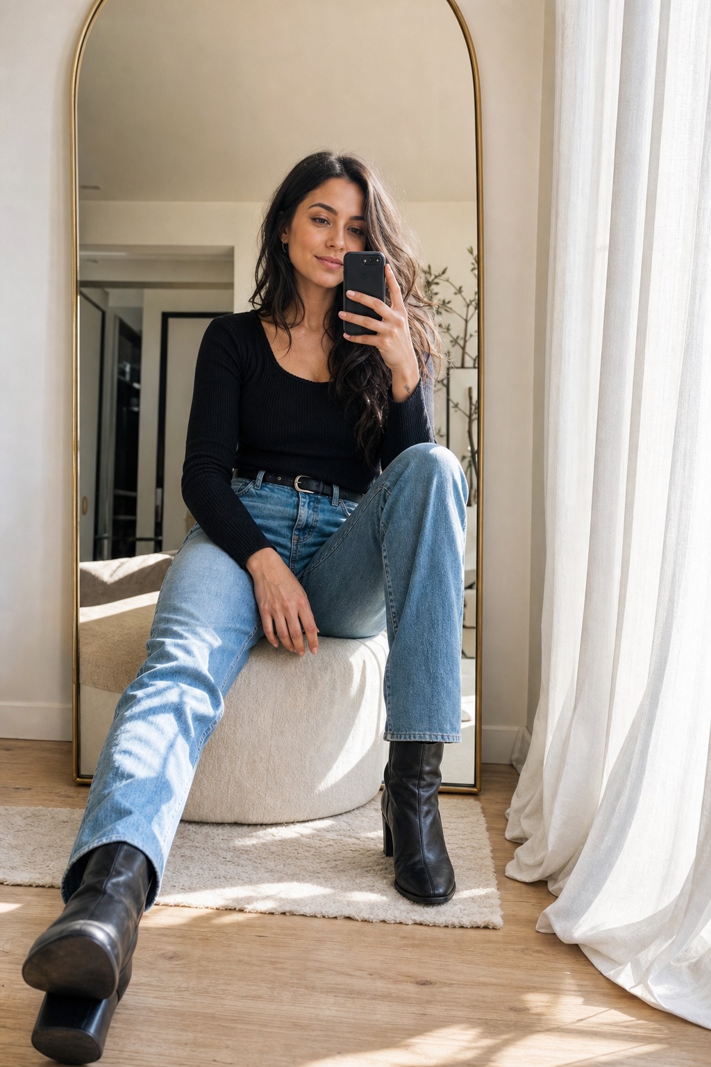 Mirror jeans apartment portrait with a fictional adult model