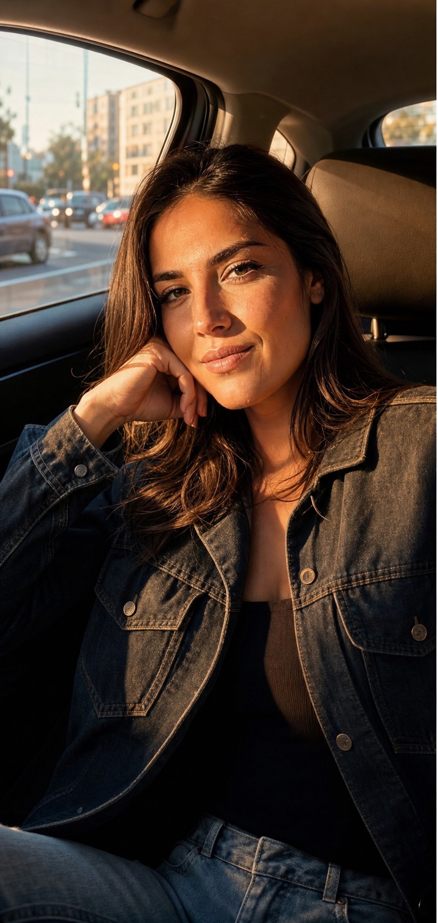 Golden hour denim jacket portrait with a fictional adult model