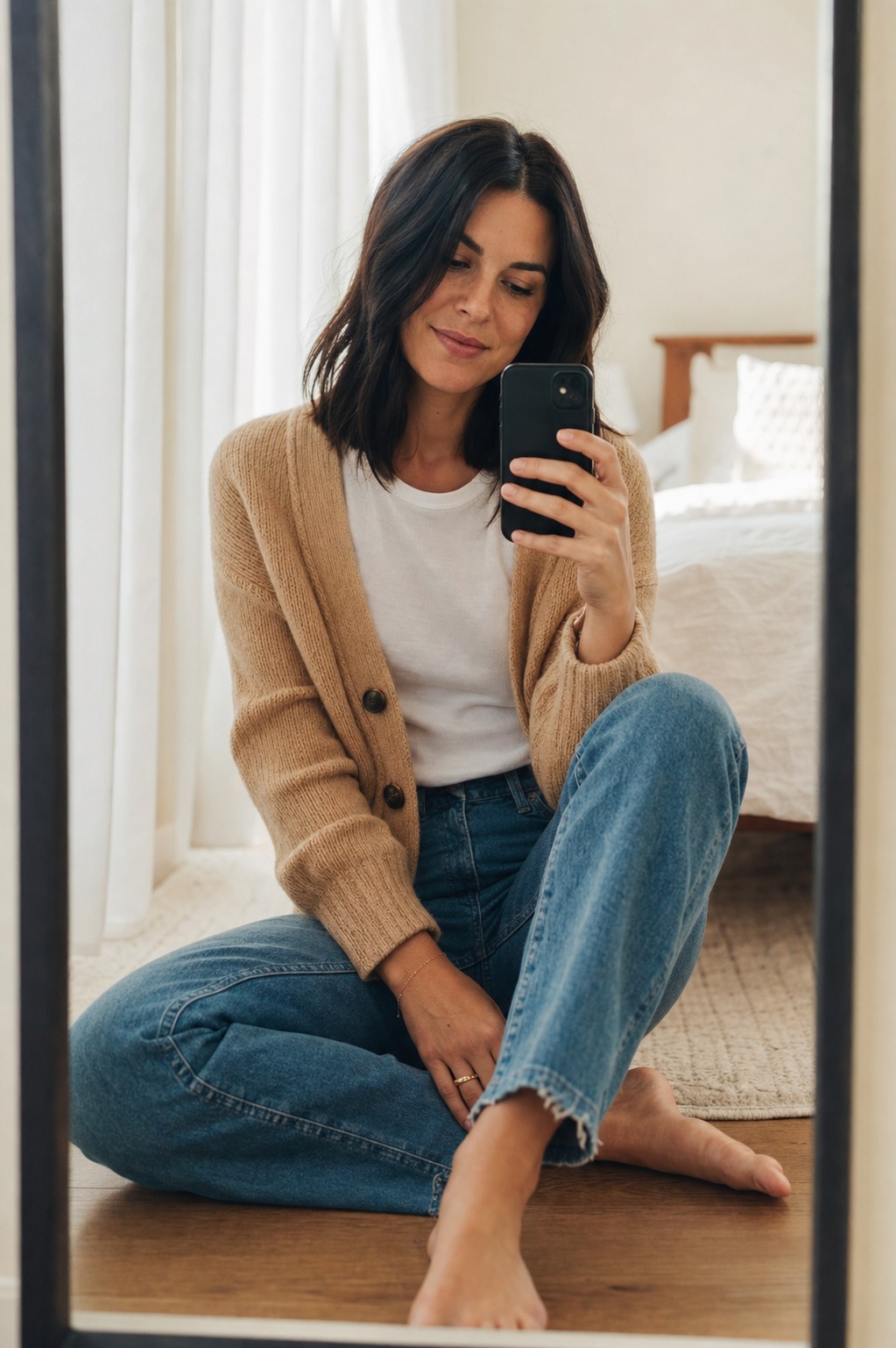 Camel cardigan mirror portrait with a fictional adult model