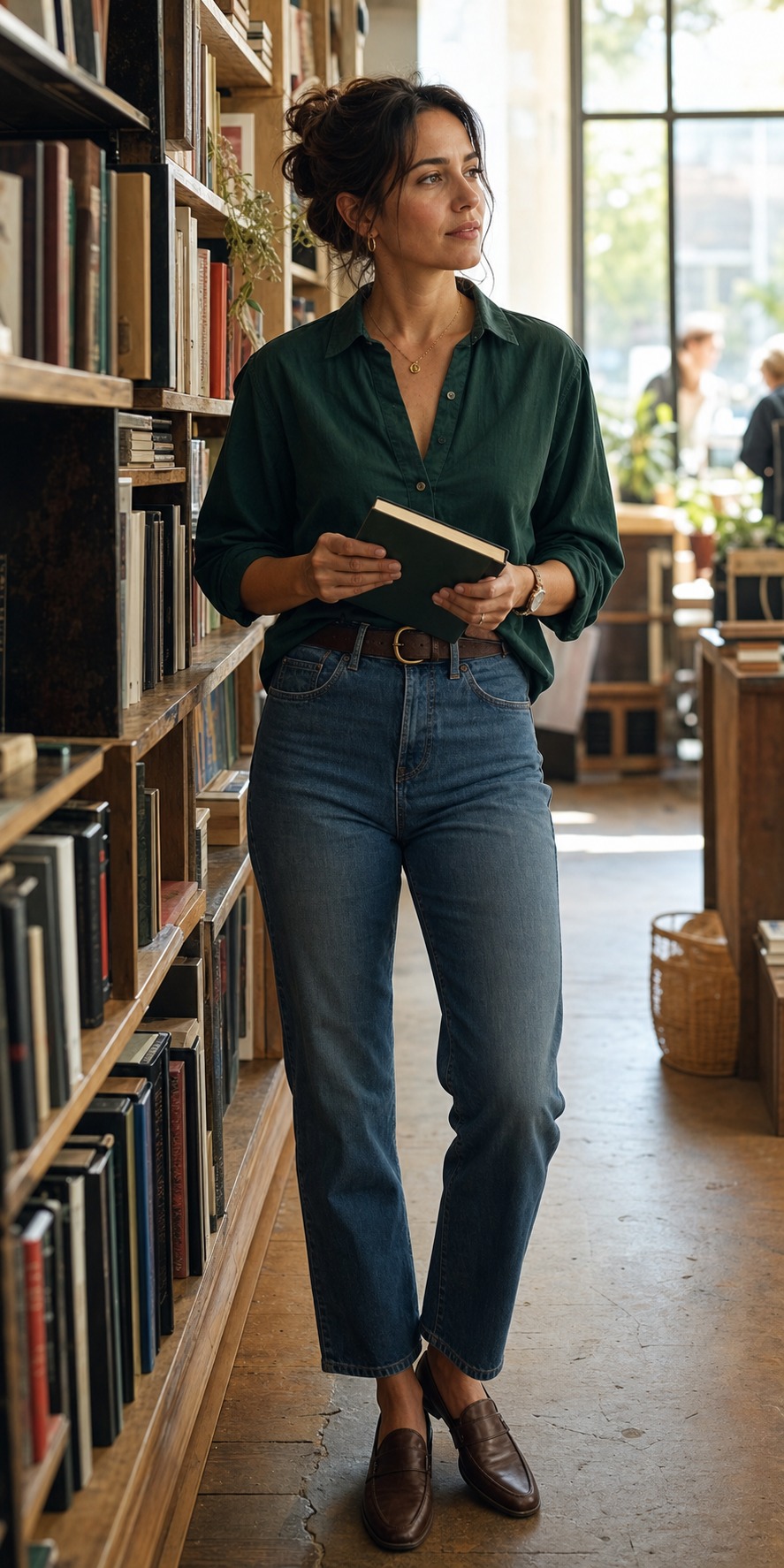 Bookshop green blouse portrait with a fictional adult model