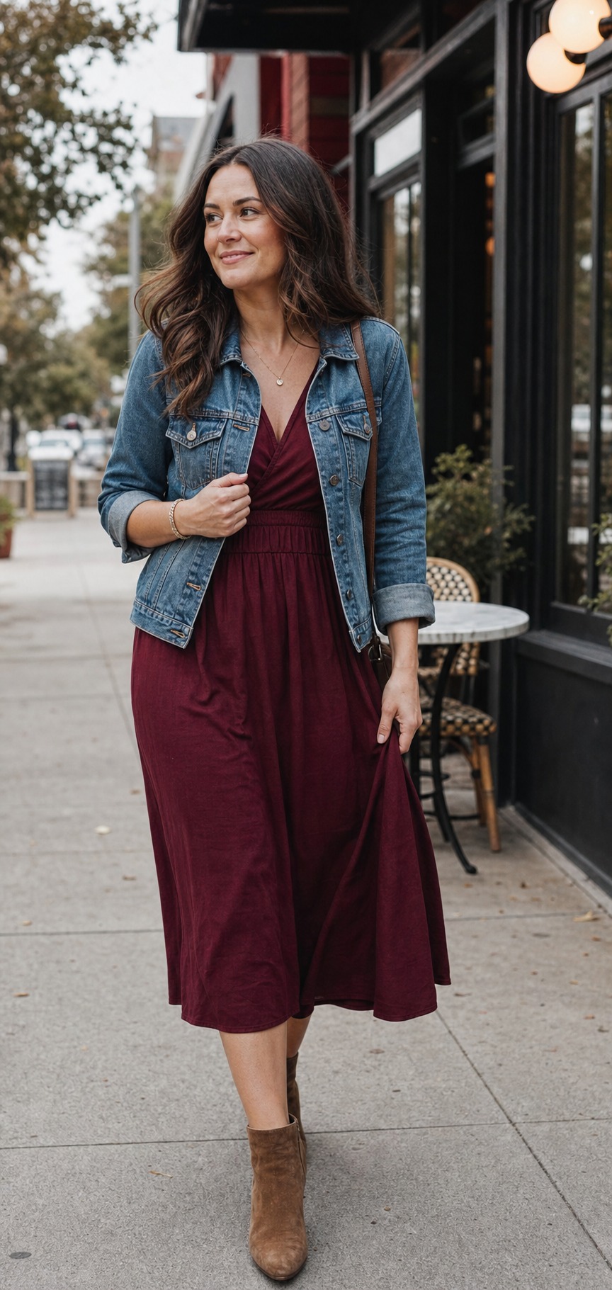 Burgundy dress cafe portrait with a fictional adult model