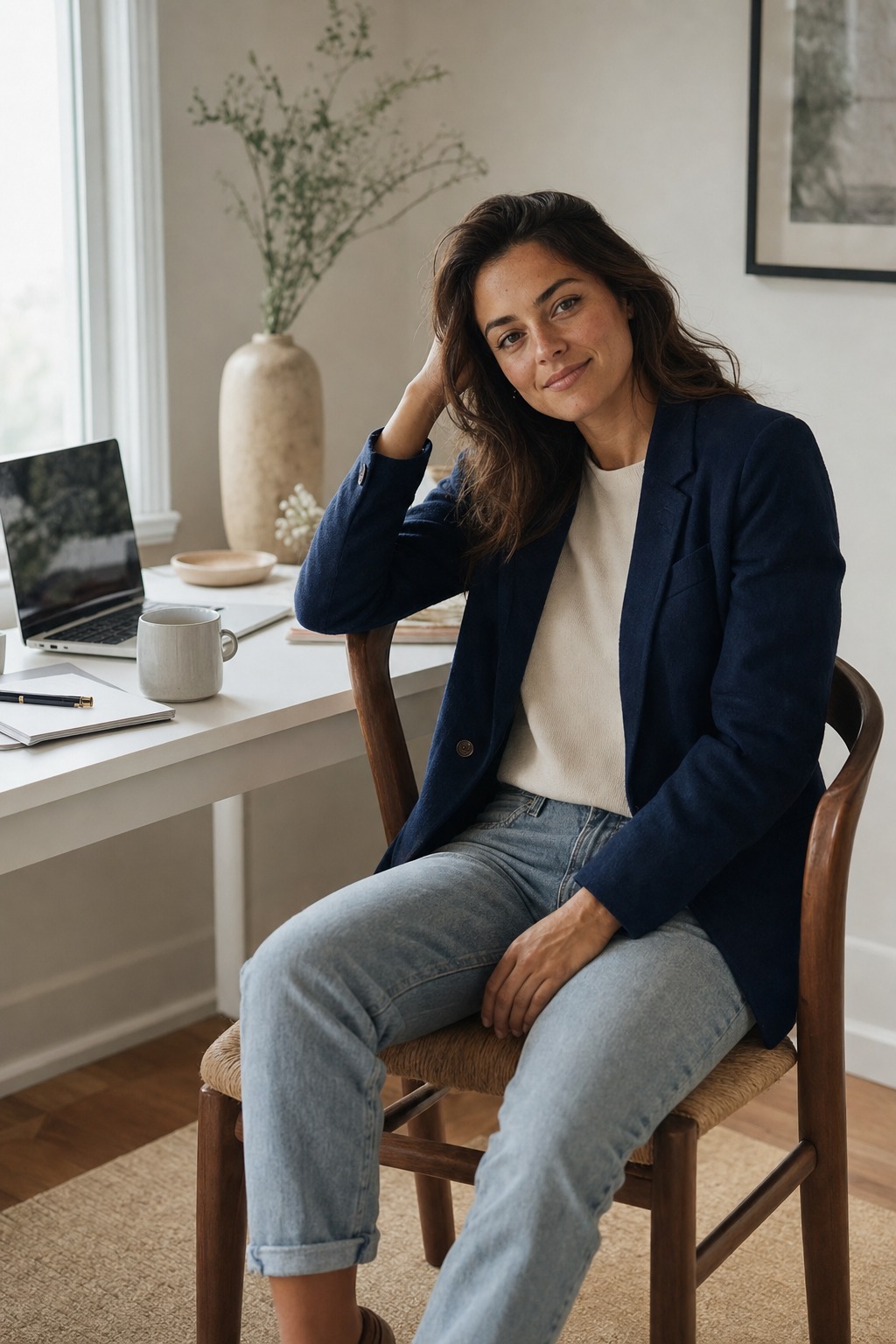 Home workspace blazer portrait with a fictional adult model