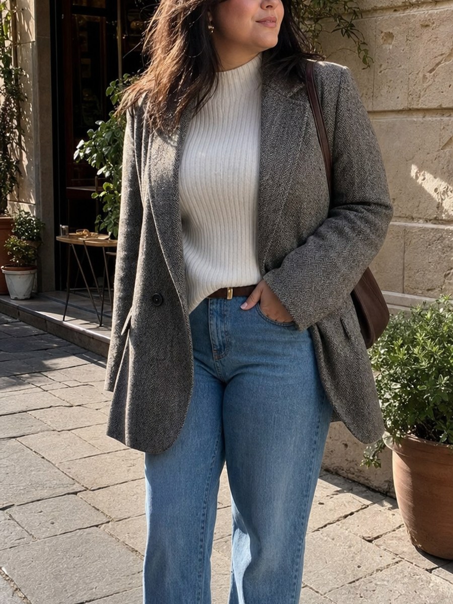 Curvy blazer street pose with a fictional adult model in modest covered fashion