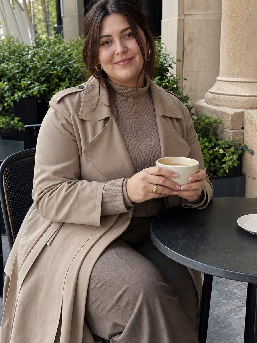 Curvy cafe coffee pose with a fictional adult model in modest covered fashion