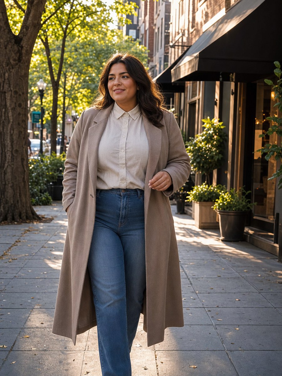 Curvy tree-lined street pose with a fictional adult model in modest covered fashion