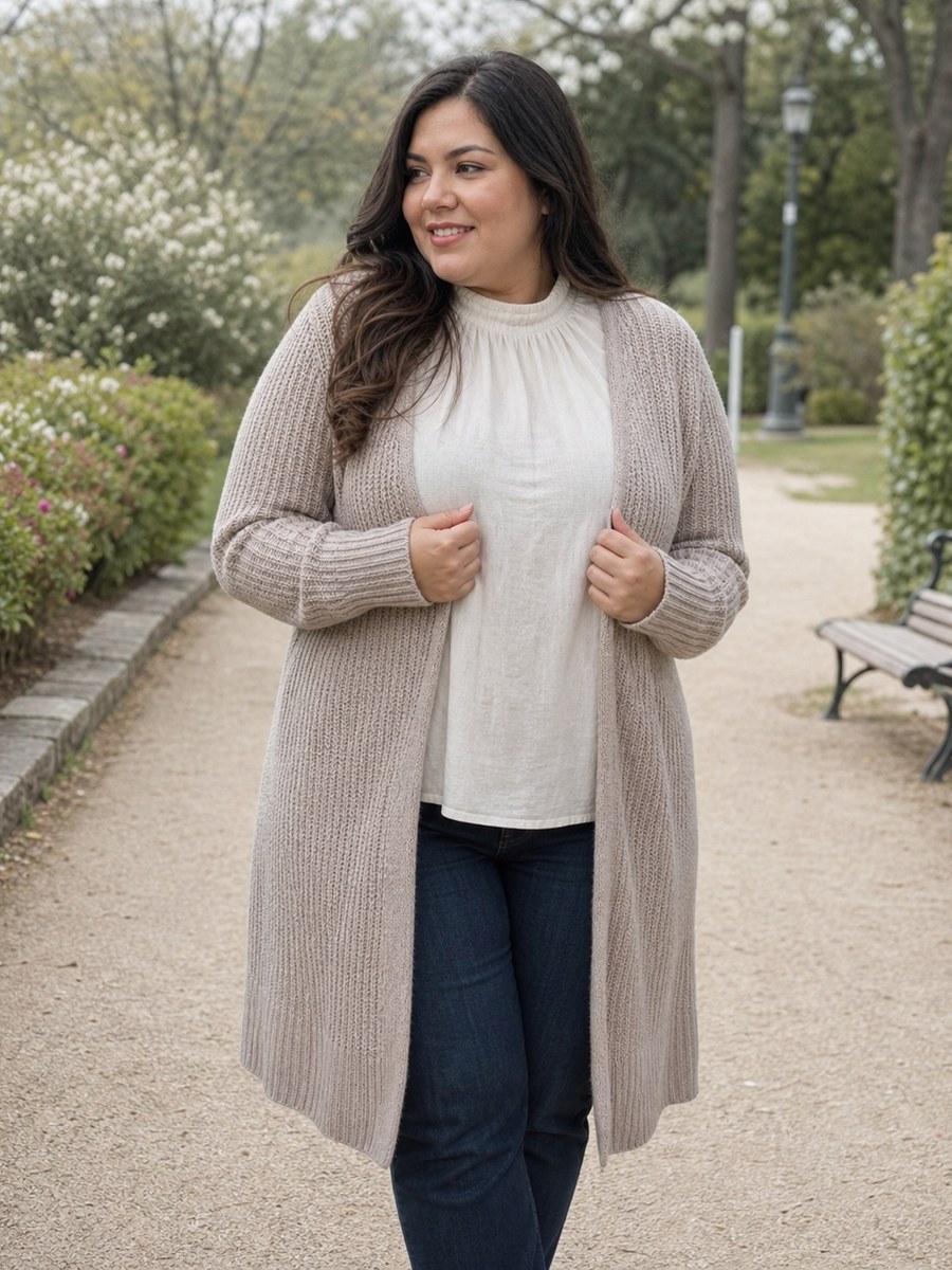Curvy park cardigan pose with a fictional adult model in modest covered fashion