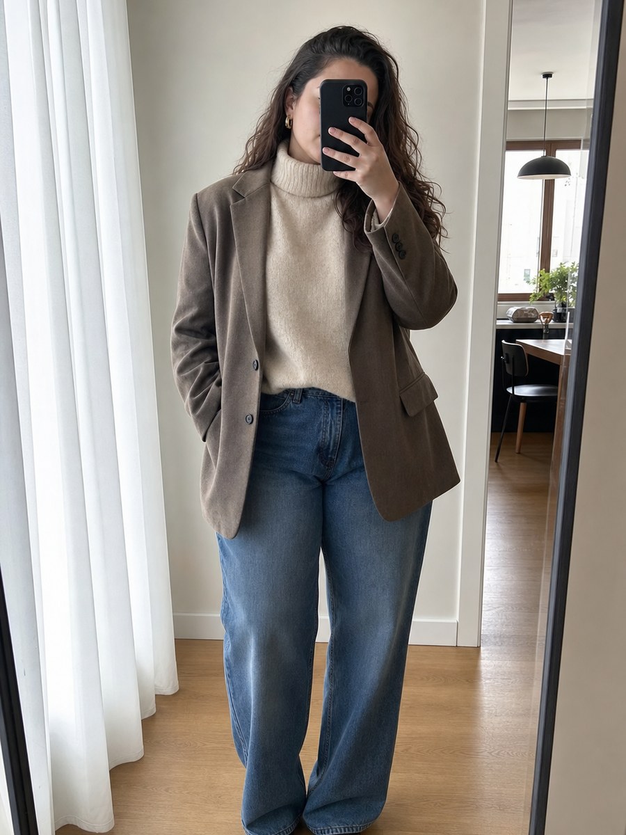 Curvy mirror blazer outfit with a fictional adult model in modest covered fashion