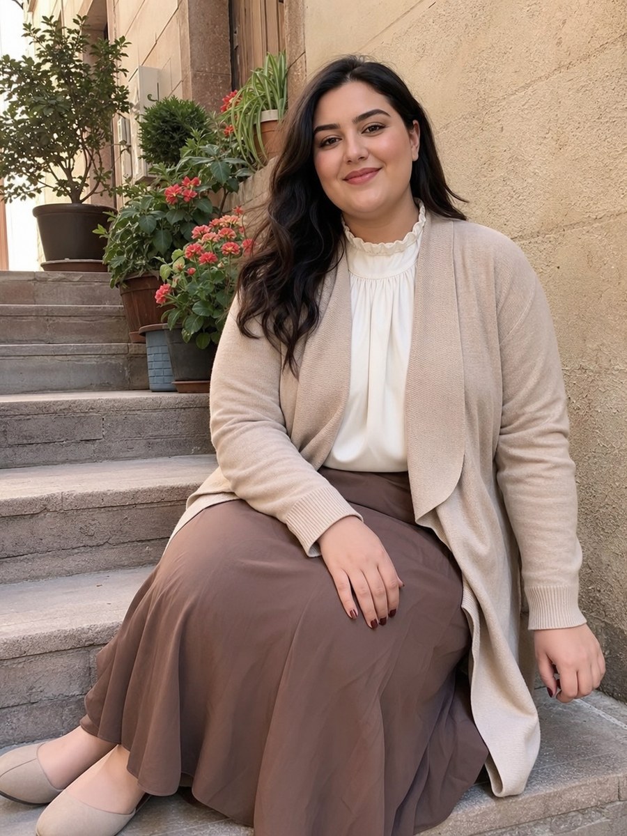 Curvy patio steps pose with a fictional adult model in modest covered fashion