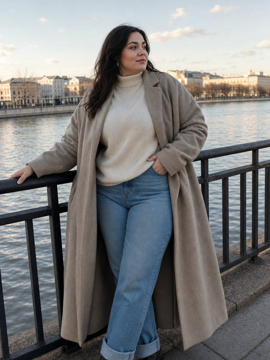 Curvy riverside coat pose with a fictional adult model in modest covered fashion