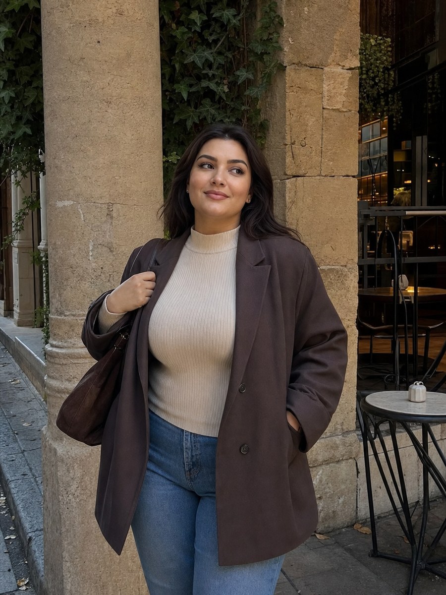 Curvy old-town cafe pose with a fictional adult model in modest covered fashion