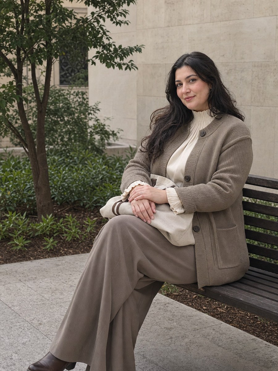 Curvy courtyard bench pose with a fictional adult model in modest covered fashion