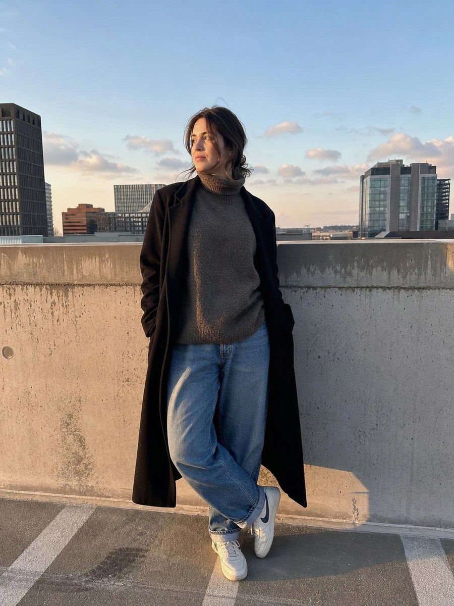 Urban rail pose 01 with a fictional adult model in modest casual fashion