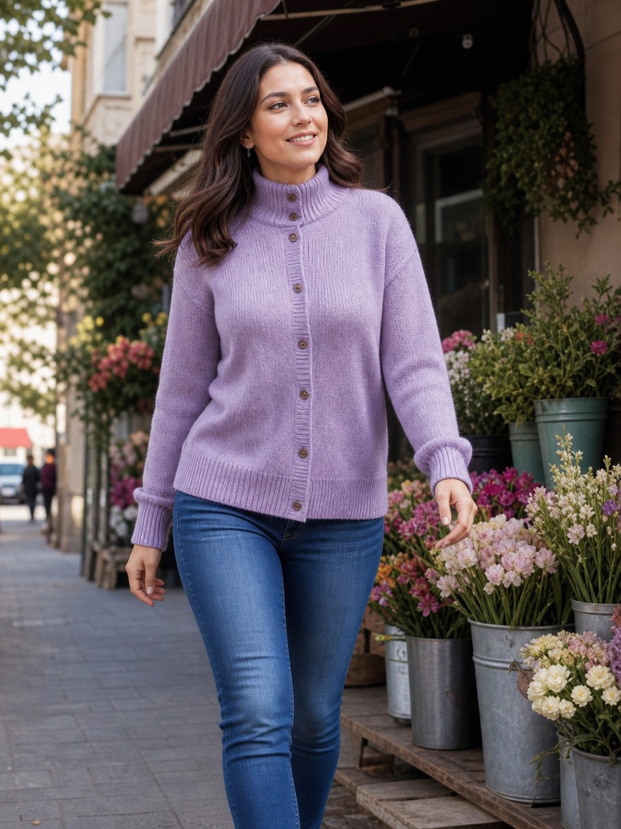 Fence street pose 12 with a fictional adult model in modest casual fashion