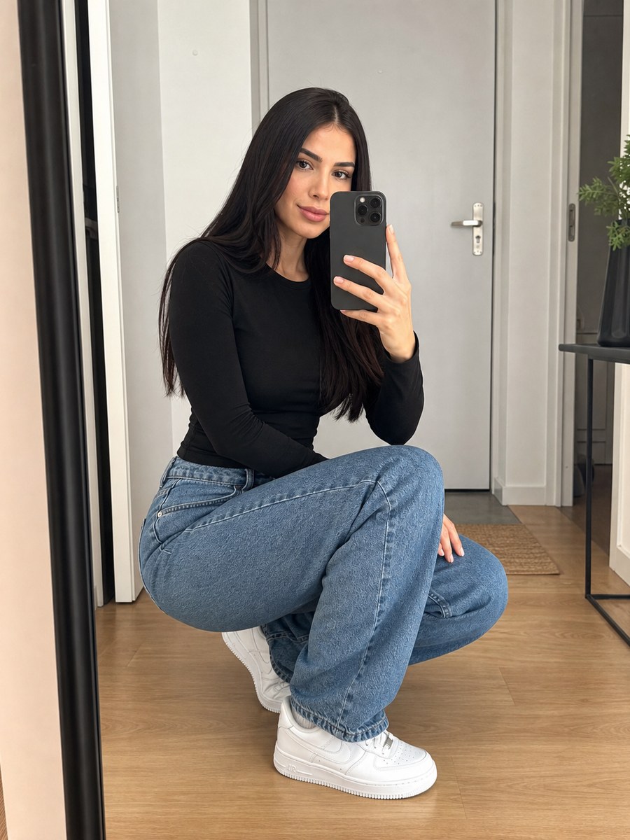 Palm road pose 26 with a fictional adult model in modest casual fashion