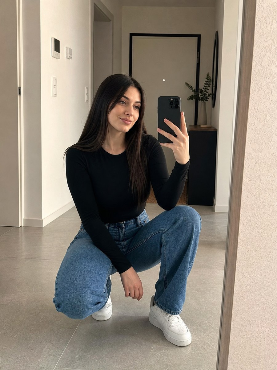 Palm road pose 29 with a fictional adult model in modest casual fashion