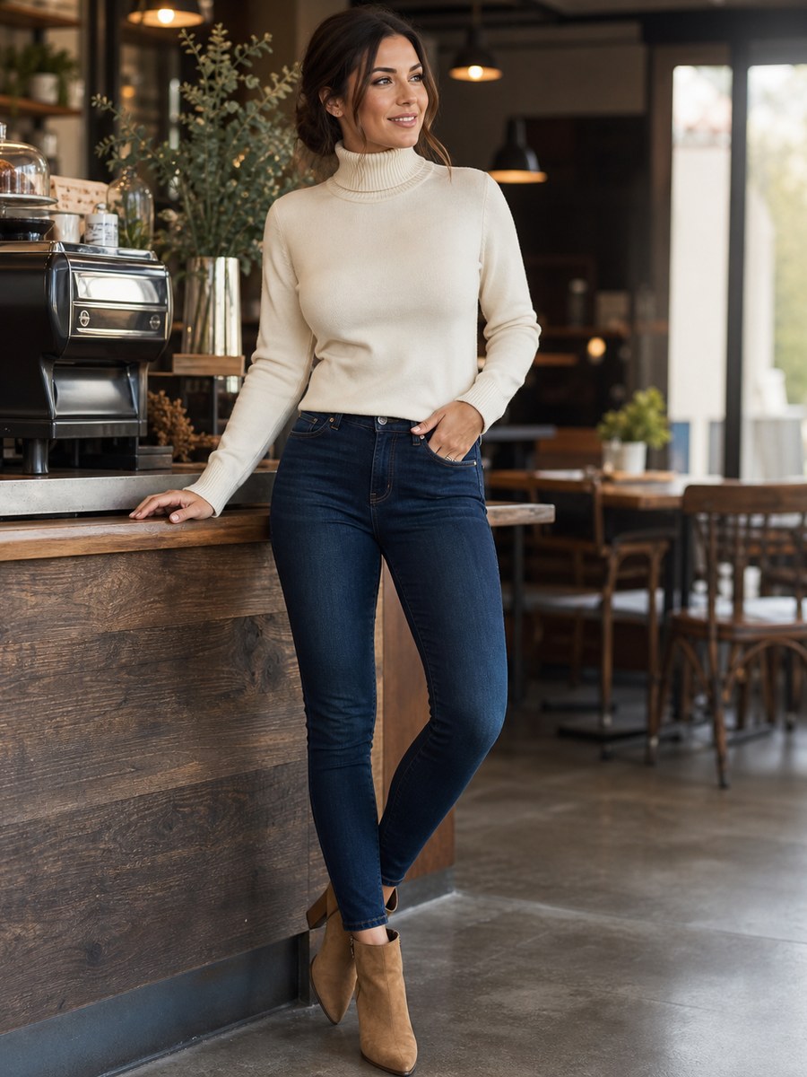 Mirror outfit pose 31 with a fictional adult model in modest casual fashion