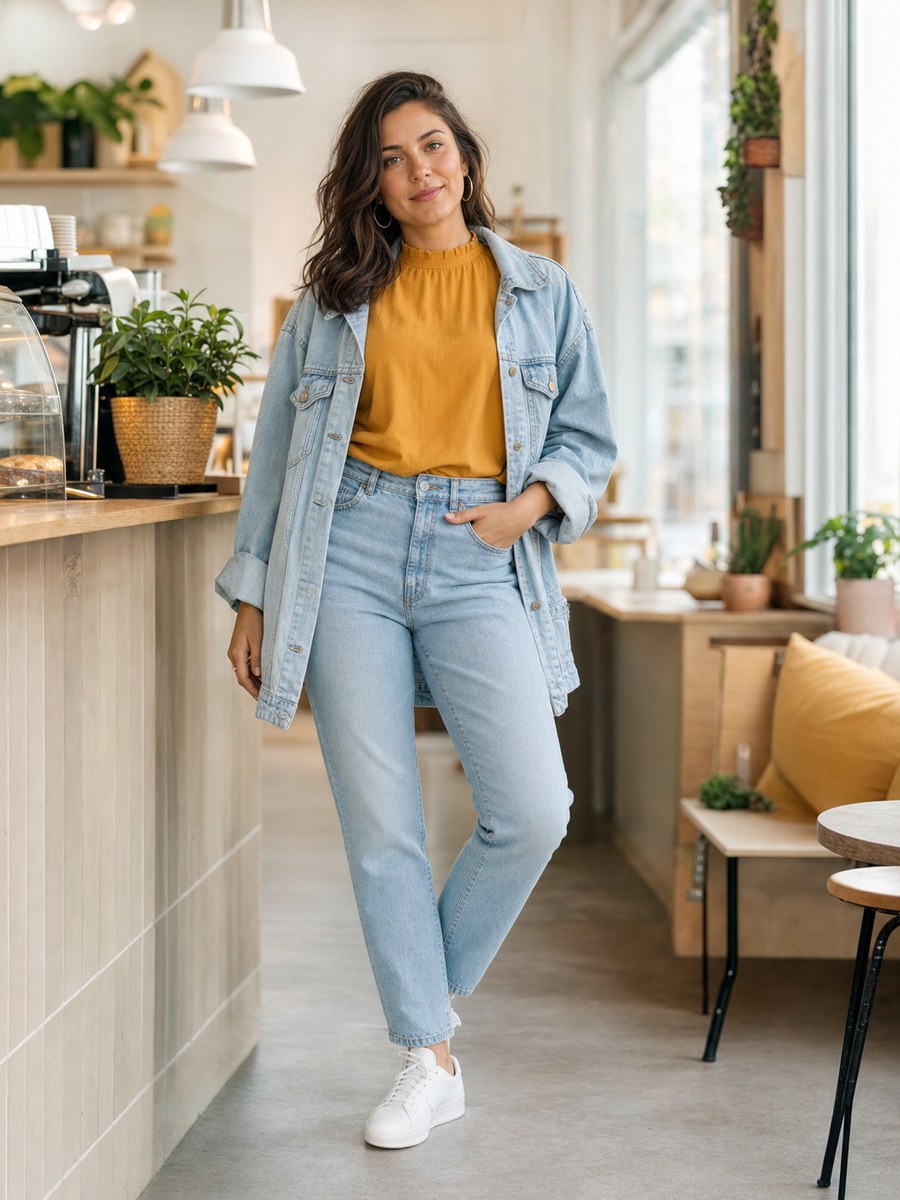 Mirror outfit pose 34 with a fictional adult model in modest casual fashion