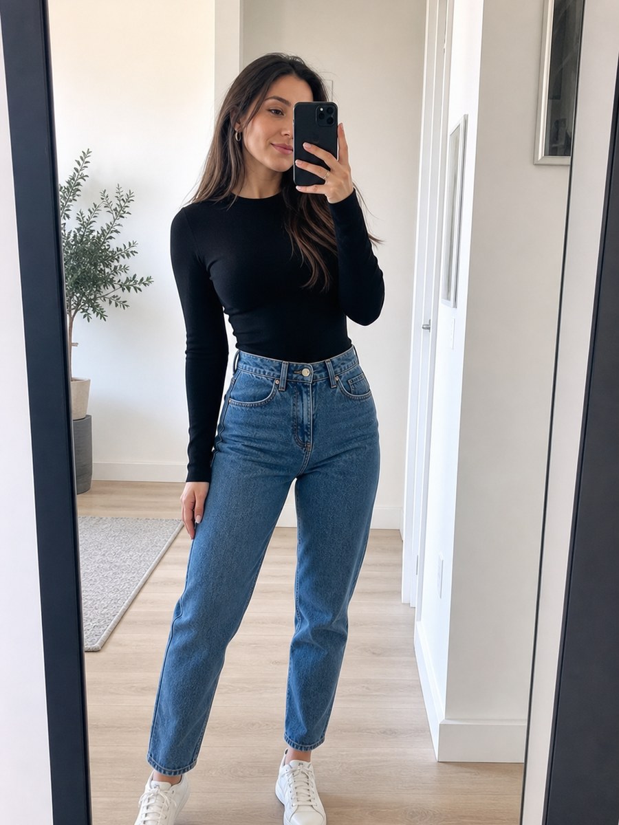 Mirror outfit pose 35 with a fictional adult model in modest casual fashion