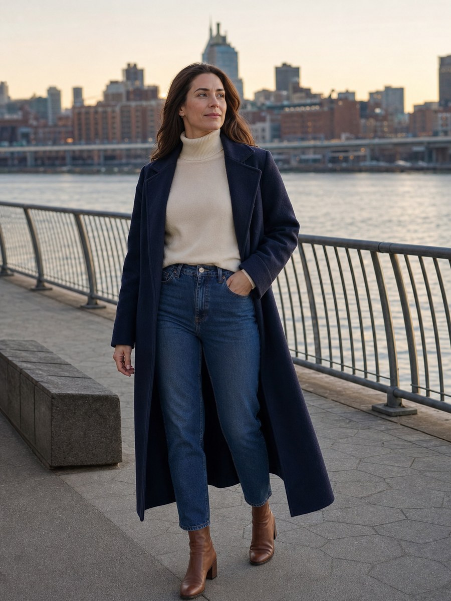 White wall pose 36 with a fictional adult model in modest casual fashion