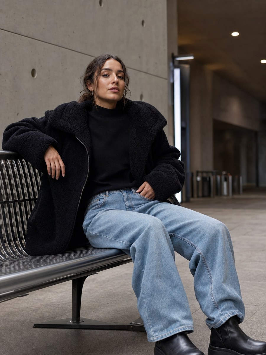 White wall pose 37 with a fictional adult model in modest casual fashion