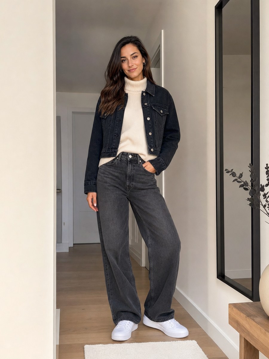 White wall pose 38 with a fictional adult model in modest casual fashion