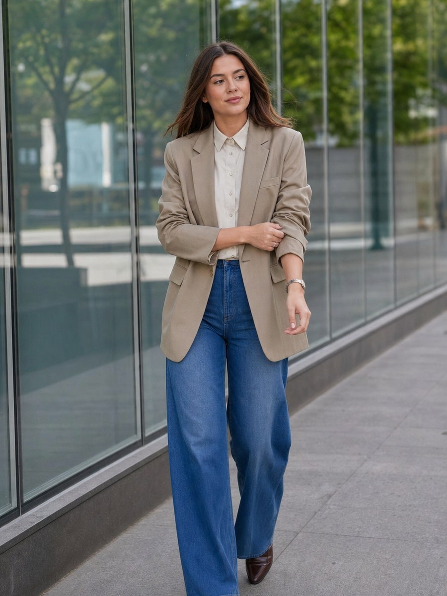 Cafe style pose 43 with a fictional adult model in modest casual fashion