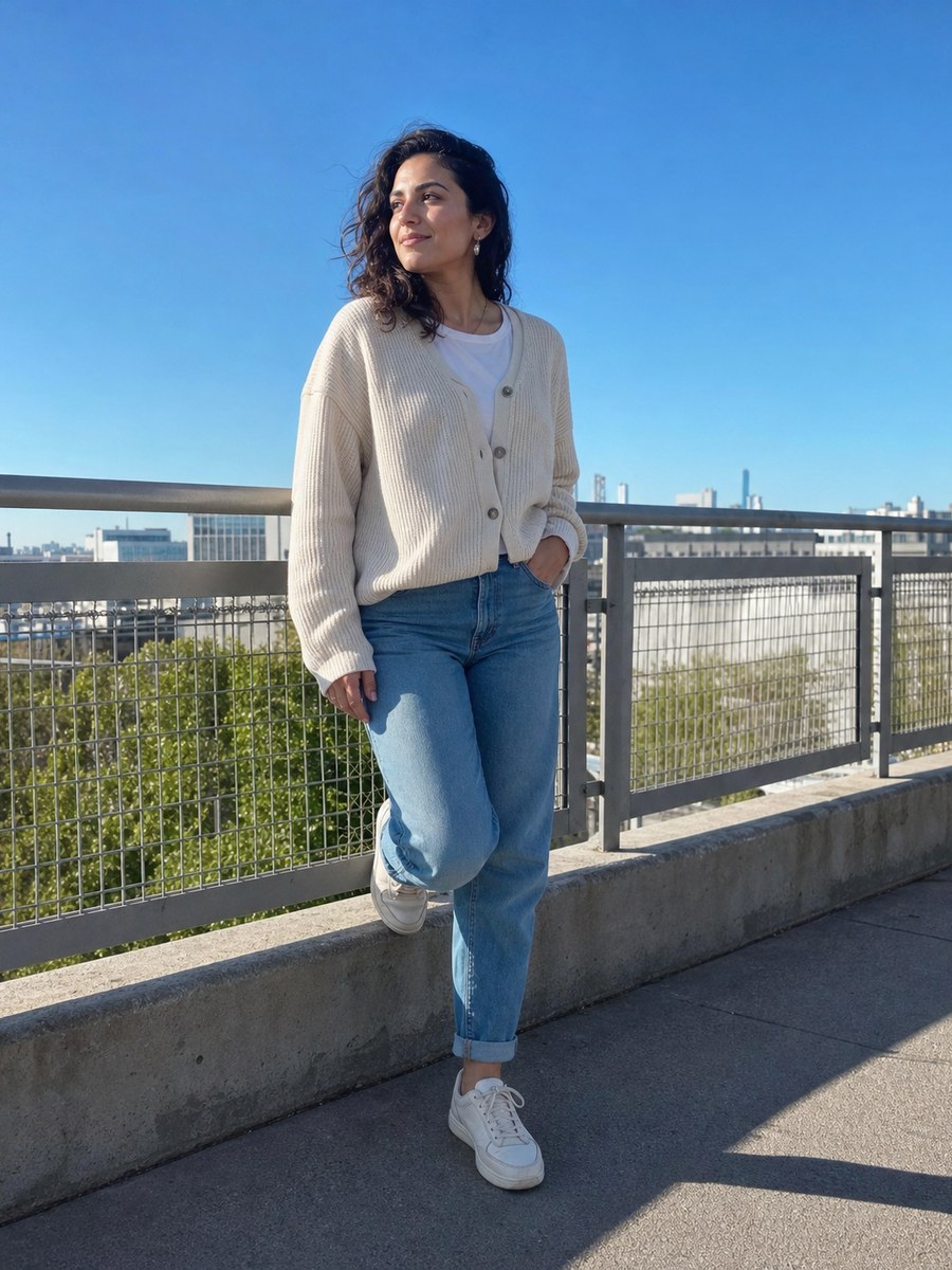 Garden street pose 49 with a fictional adult model in modest casual fashion