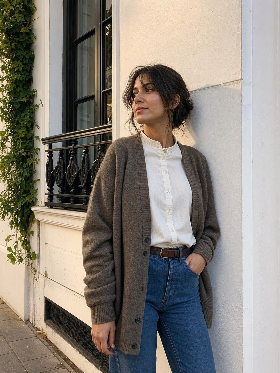 Urban cardigan pose with a fictional adult model in modest casual fashion