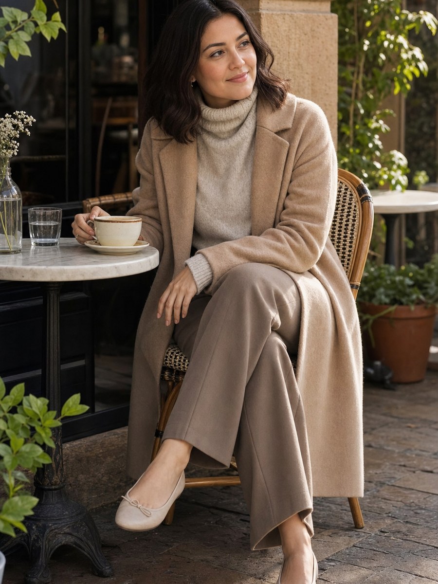Cafe neutral layers with a fictional adult model in modest casual fashion