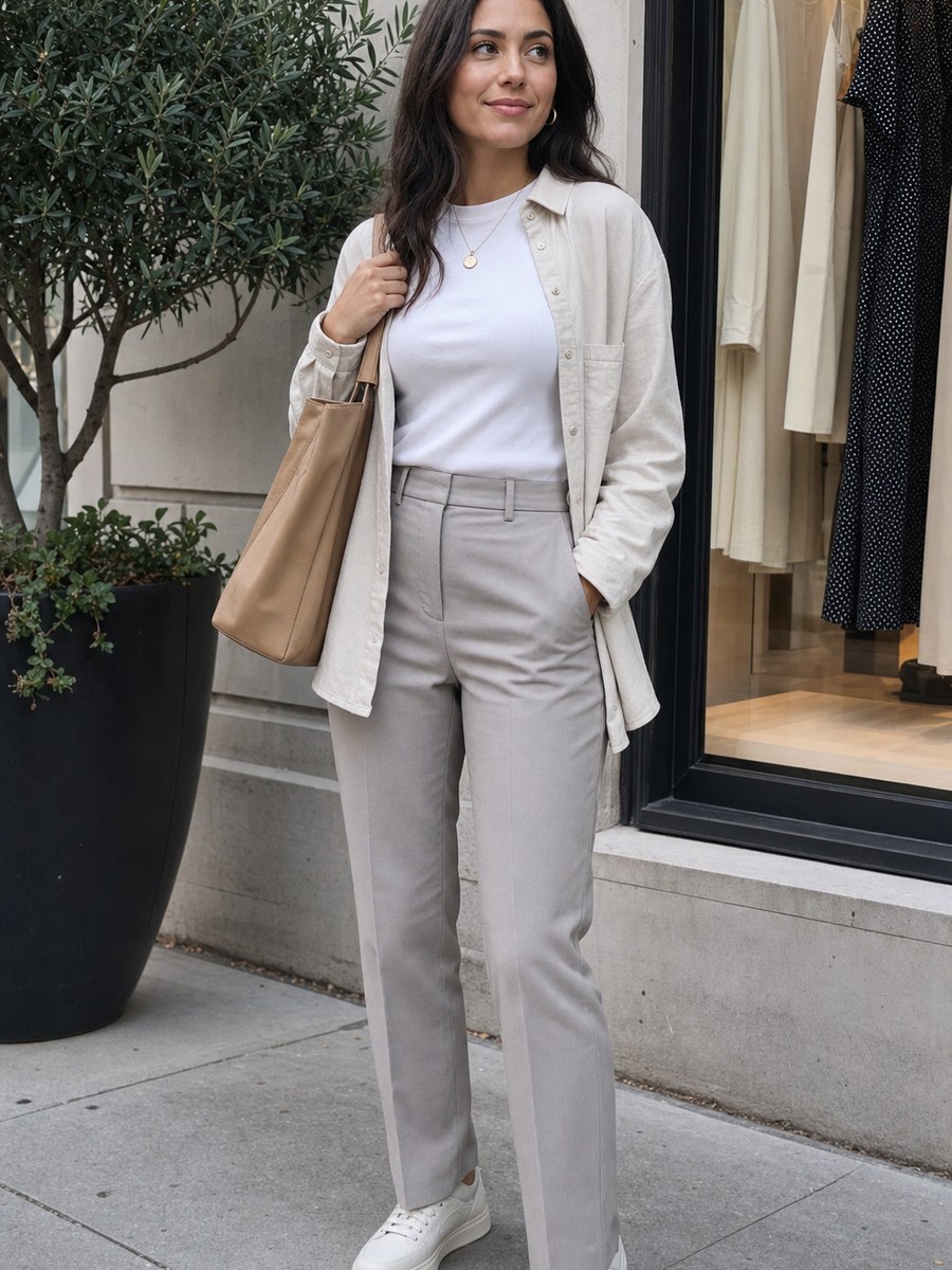 Boutique street pose with a fictional adult model in modest casual fashion