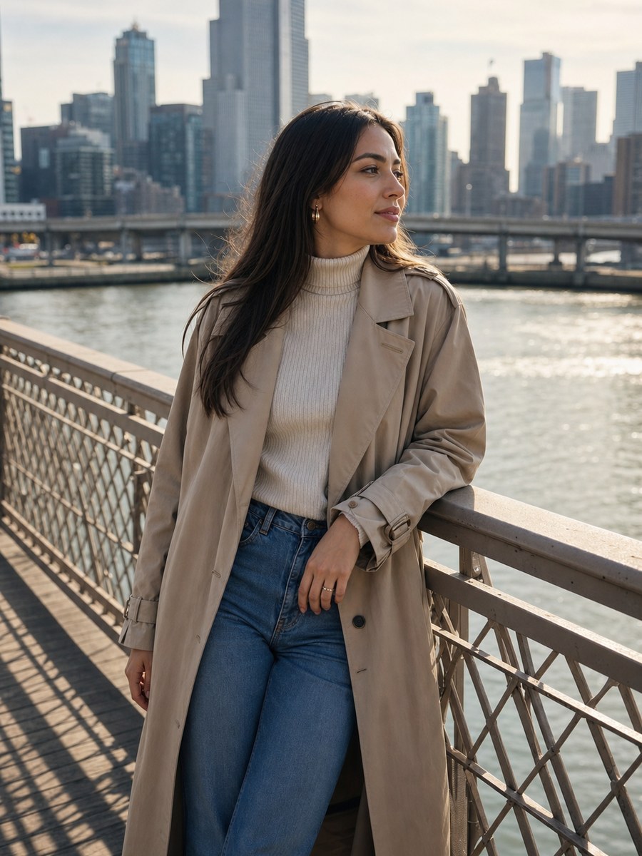 Bridge trench pose with a fictional adult model in modest casual fashion