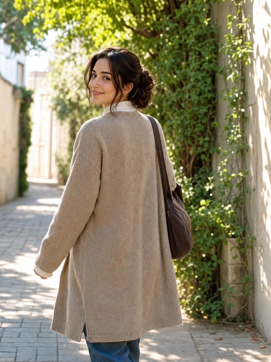 Garden walkway pose with a fictional adult model in modest casual fashion
