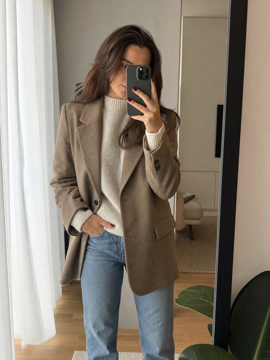 Mirror blazer outfit with a fictional adult model in modest casual fashion