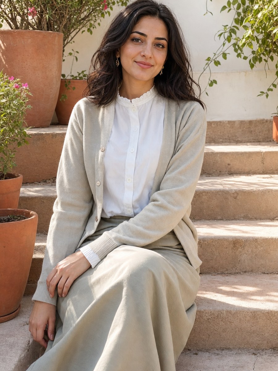 Patio steps portrait with a fictional adult model in modest casual fashion