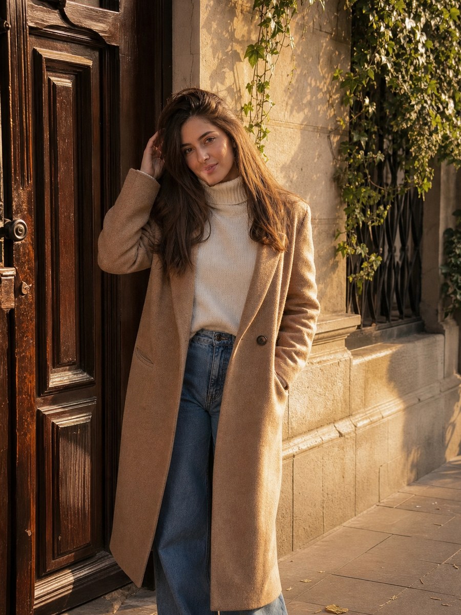 Vintage doorway pose with a fictional adult model in modest casual fashion