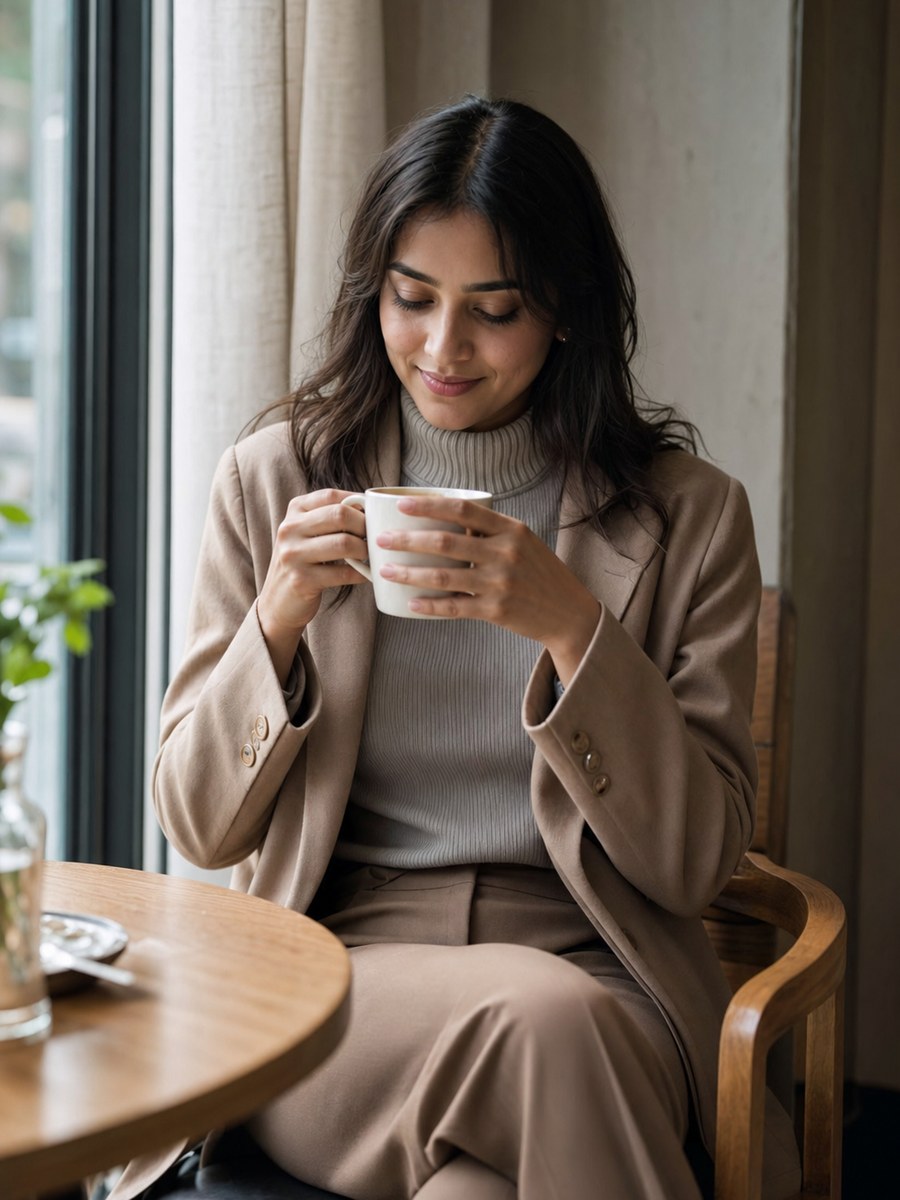 Cafe coffee portrait with a fictional adult model in modest casual fashion