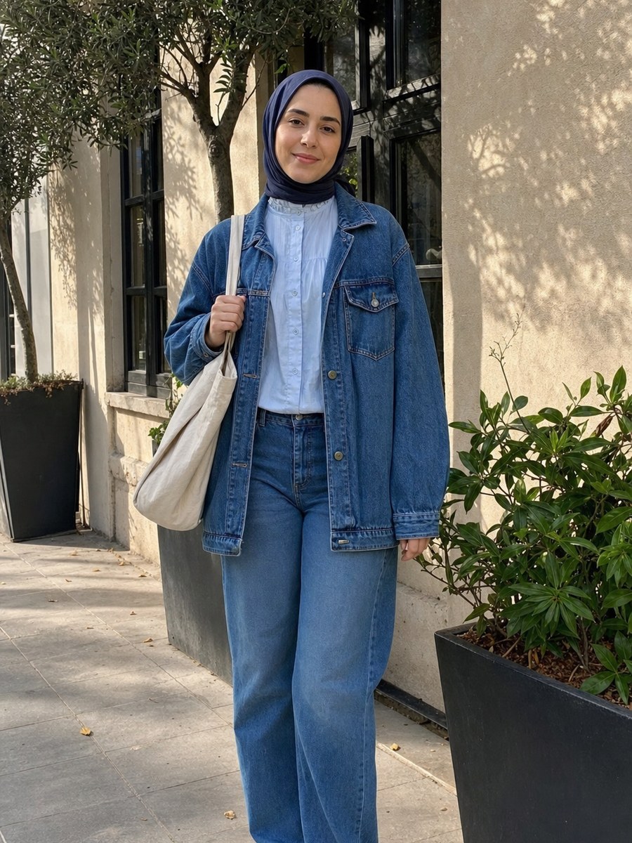 Denim modest street pose with a fictional adult model in modest casual fashion
