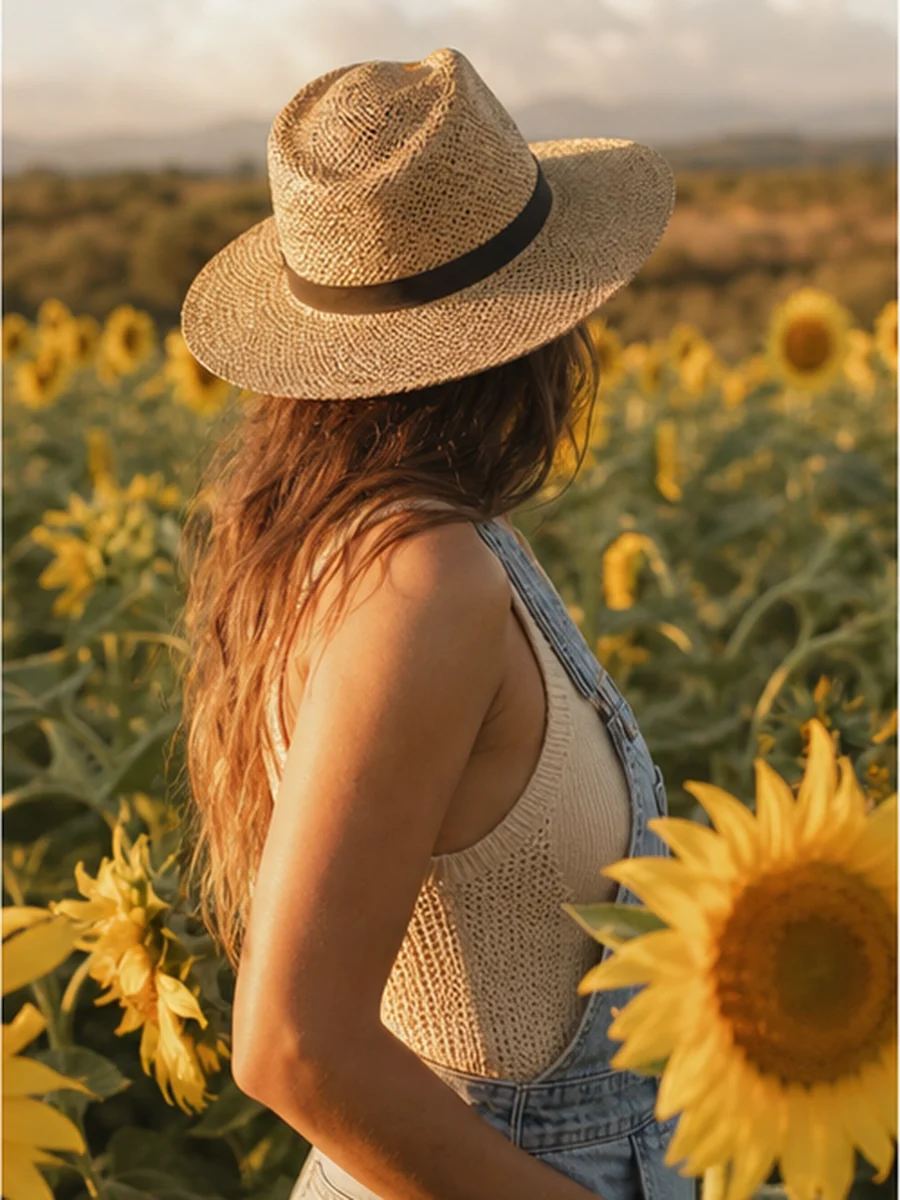 Sunflower field pose 1 with a fictional adult model