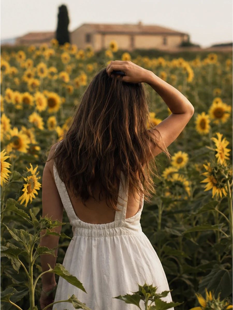 Sunflower field pose 2 with a fictional adult model