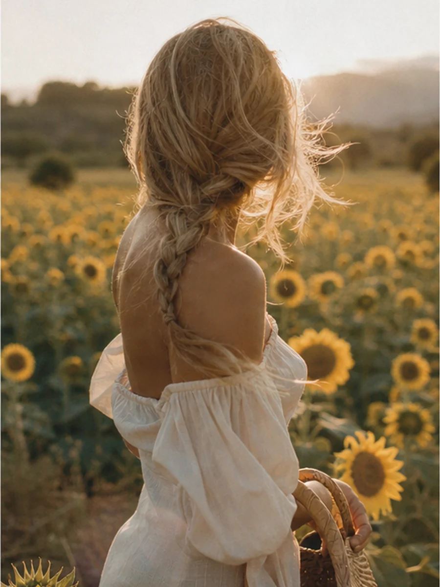 Sunflower field pose 3 with a fictional adult model