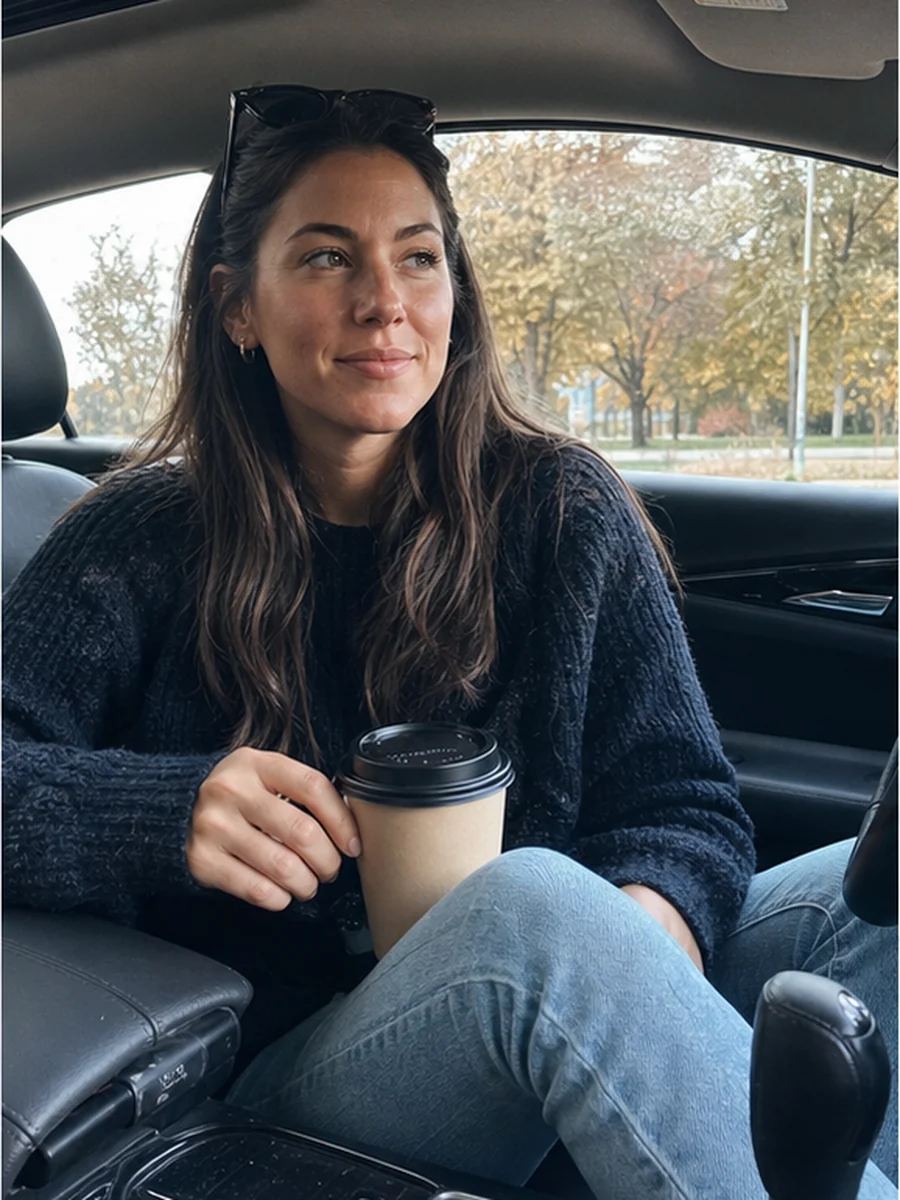 Driver coffee pose 1 with a fictional adult model