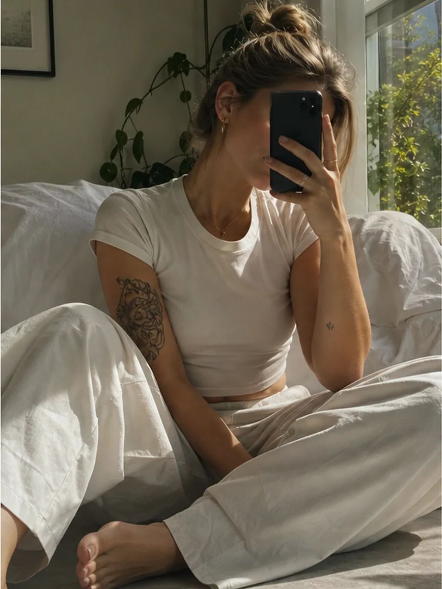 Indoor mirror selfie pose 1 with a fictional adult model