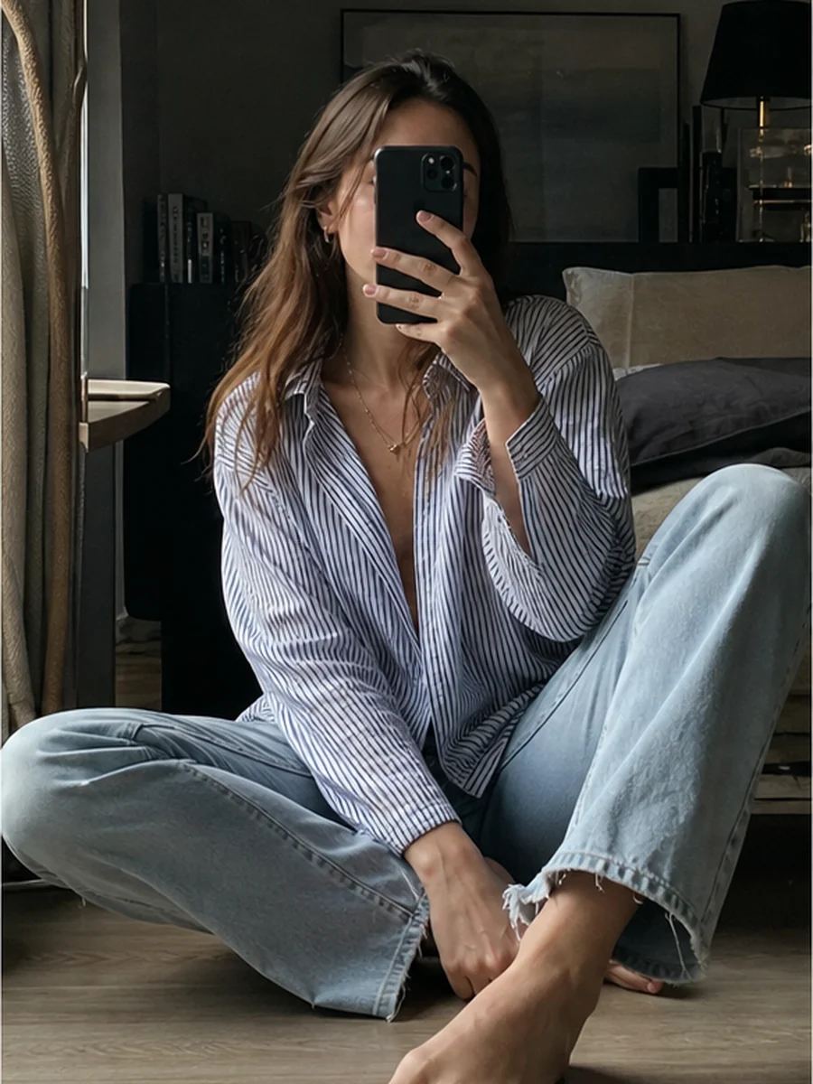 Indoor mirror selfie pose 3 with a fictional adult model