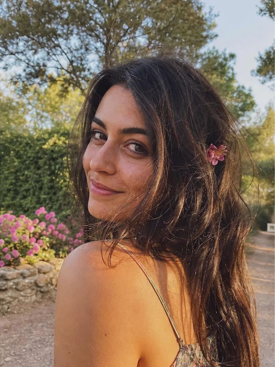 Flowers in hair pose 1 with a fictional adult model