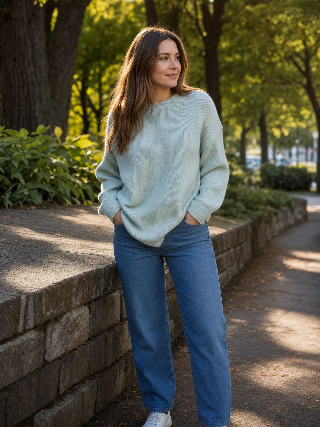 Pastel sweater and relaxed jeans worn by a fictional adult model