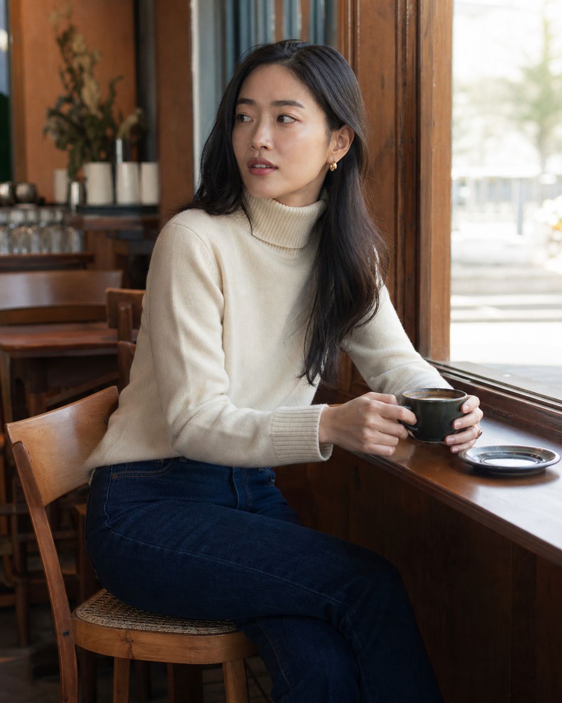Cream Knit Coffee Moment featuring a fictional adult fashion model