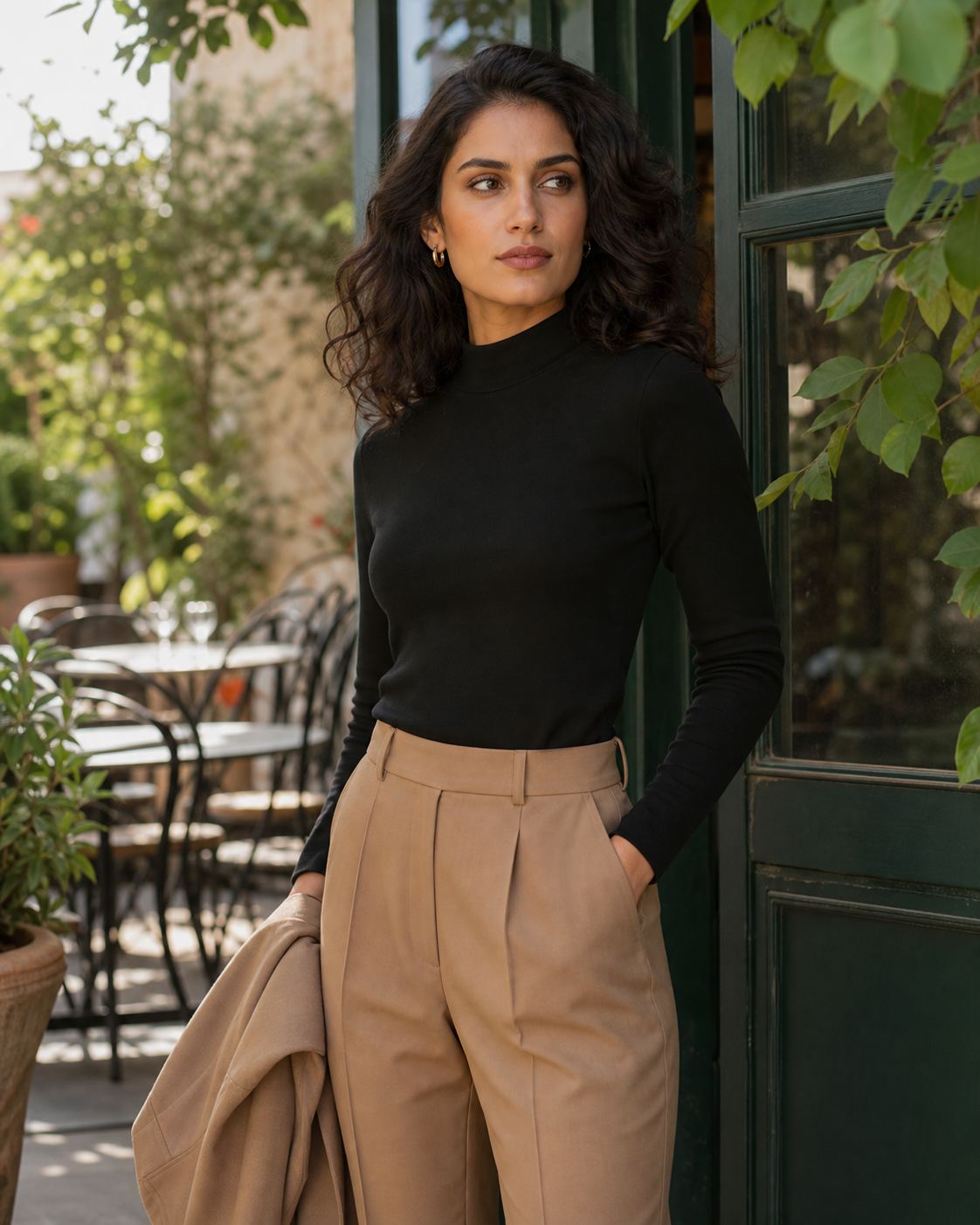 Camel Garden Cafe Style featuring a fictional adult fashion model