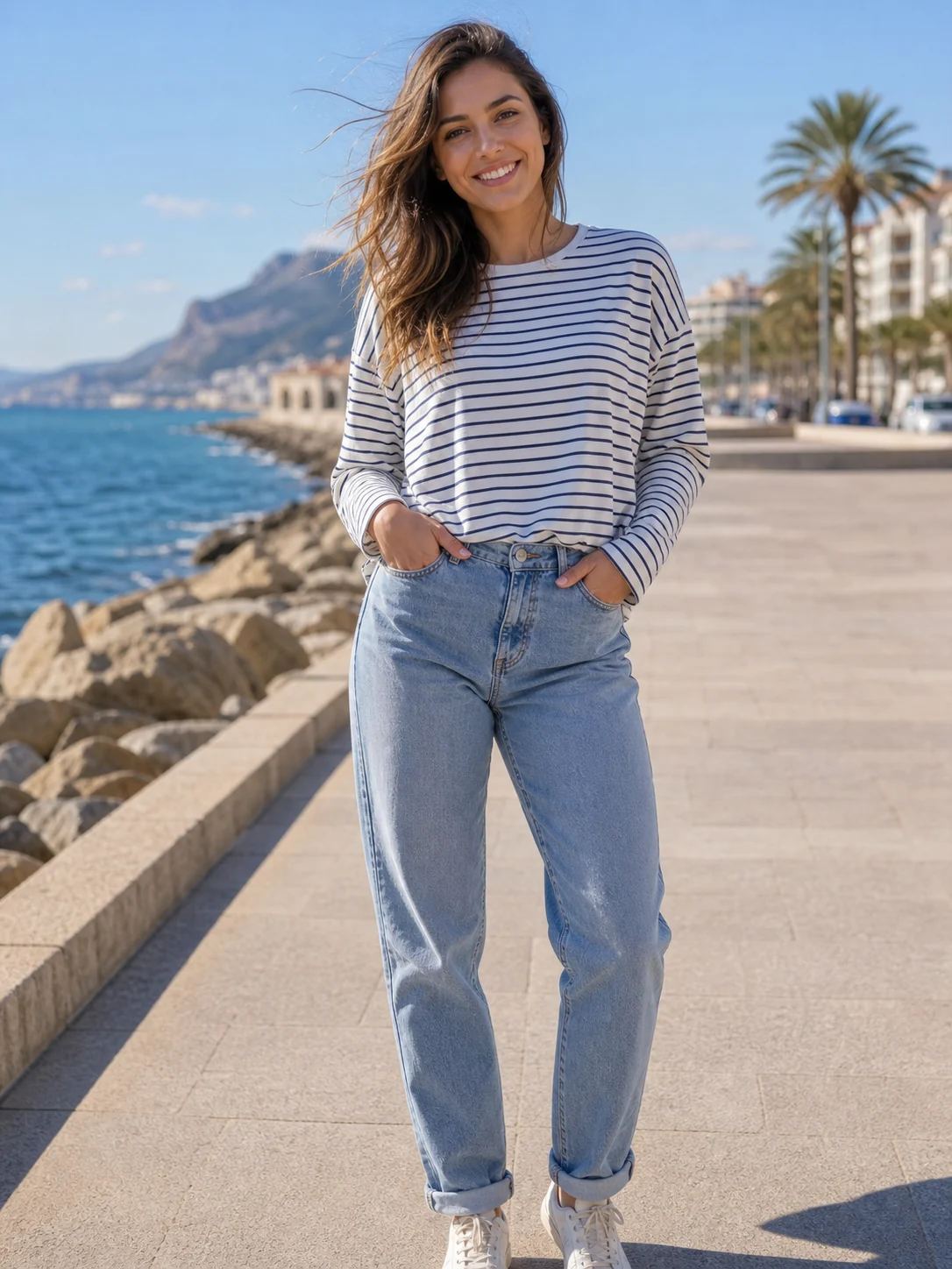 Striped top and mom jeans worn by a fictional adult model